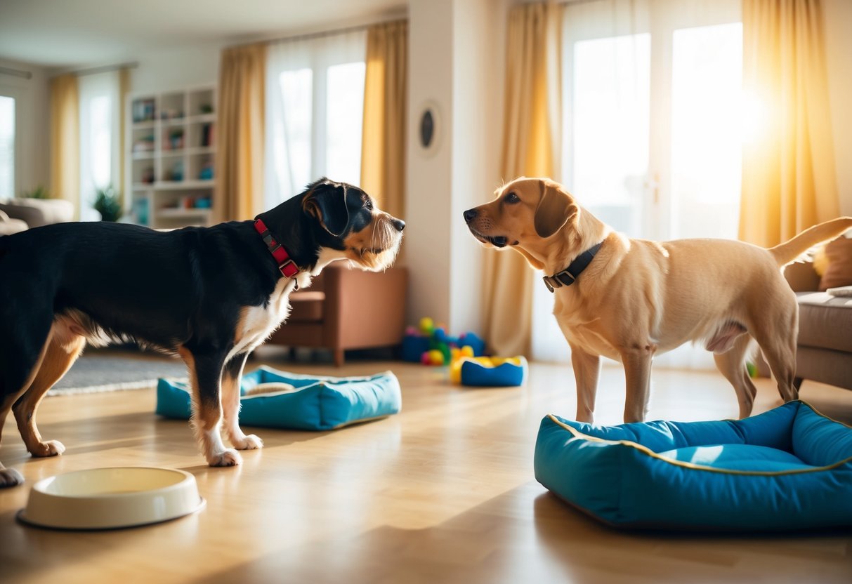 Two dogs sniff each other cautiously in a spacious, sunny living room. Toys and beds are scattered around, and a water bowl sits in the corner