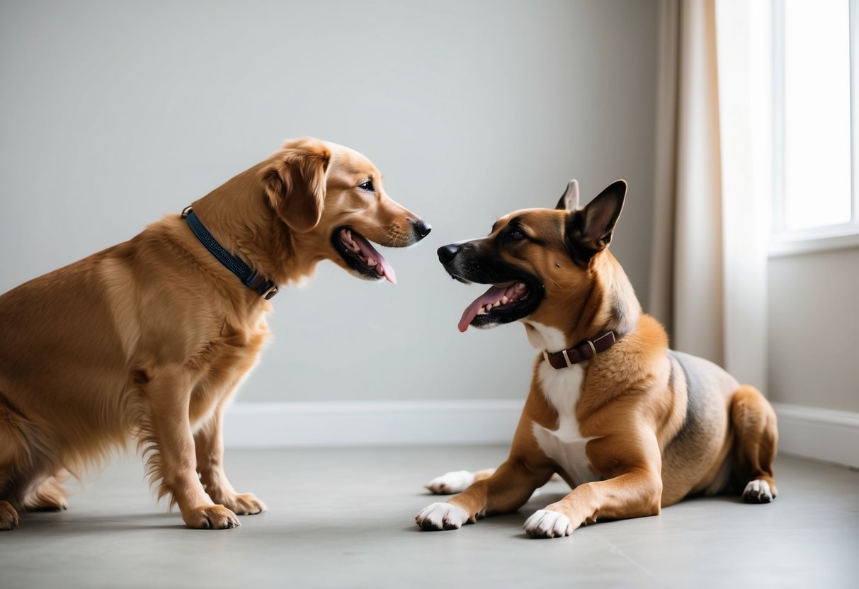 A happy dog meeting a new canine companion in a calm, neutral environment, with both dogs showing relaxed body language and friendly interaction