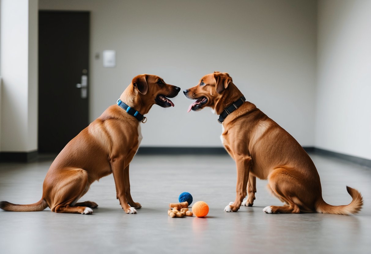 Two dogs meeting in a neutral space, tails wagging and noses sniffing. A calm and open environment with toys and treats available