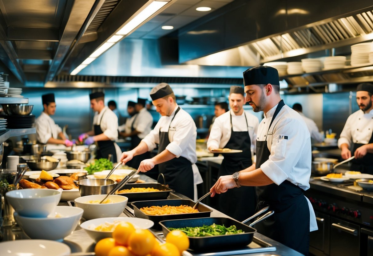 Una bulliciosa cocina de restaurante durante un período de prueba, con chefs cocinando, personal de servicio atendiendo y gerentes supervisando las operaciones.