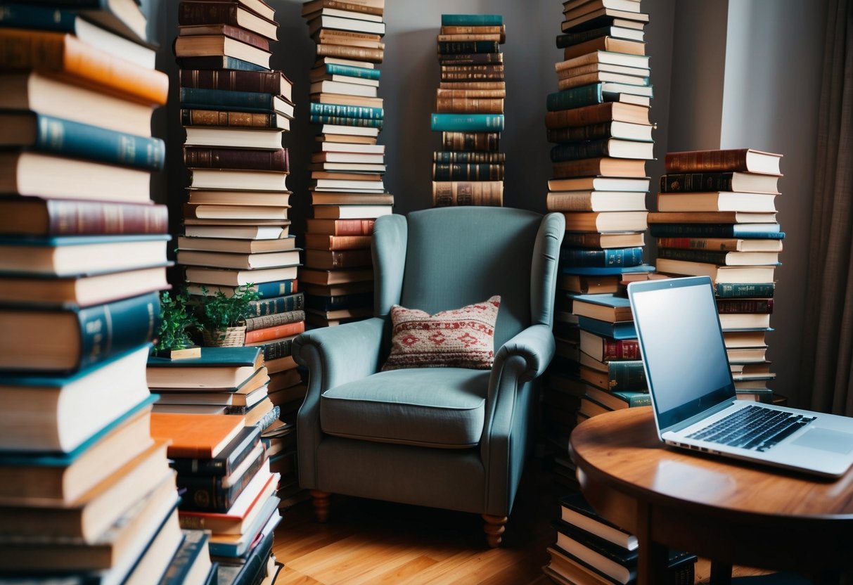 Reading room with chair, stacks of books, author, publisher