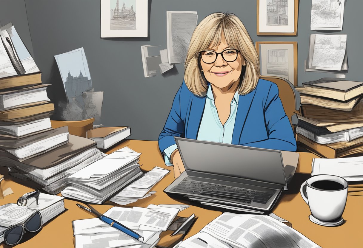 A cluttered desk with scattered papers, a laptop, and a stack of books. A photo of Linda Robson on the wall