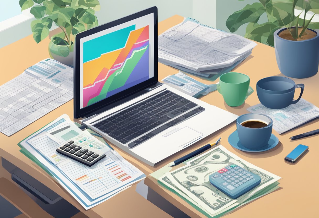 A cluttered desk with a laptop, calculator, and financial documents scattered around. A chart showing fluctuating net worth is displayed on the computer screen