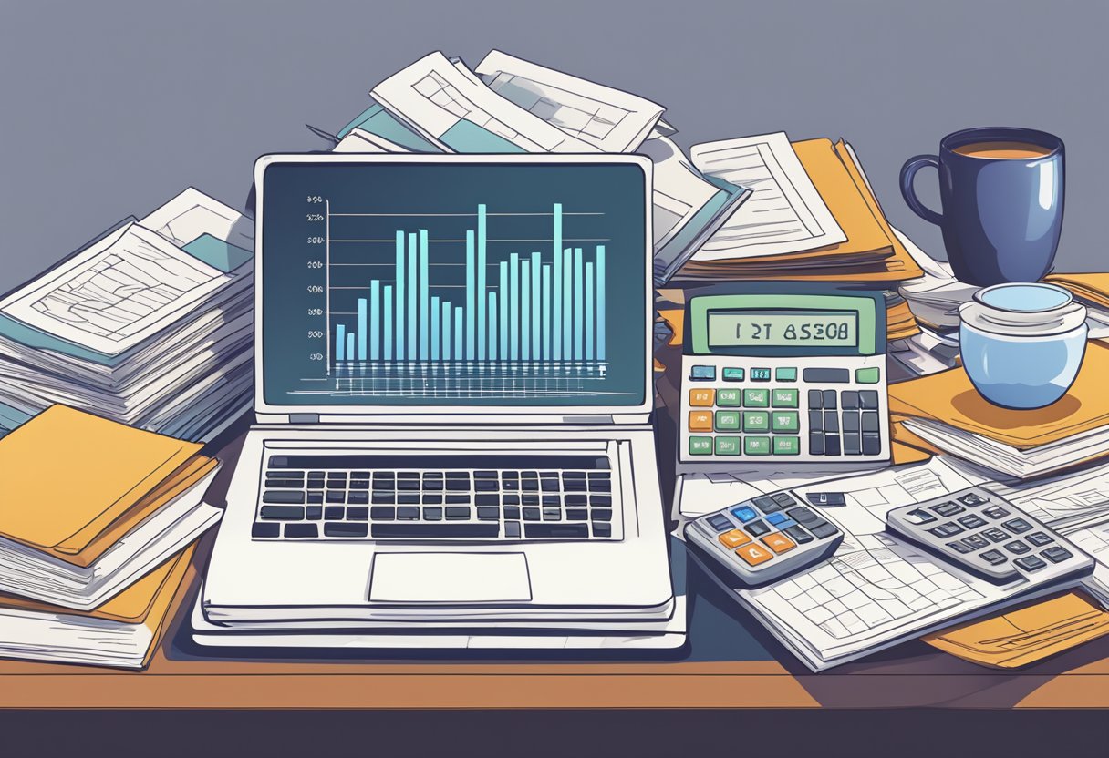 A cluttered desk with financial documents, a laptop, and a calculator. A stack of books on personal finance and investment. A chart showing income sources and assets