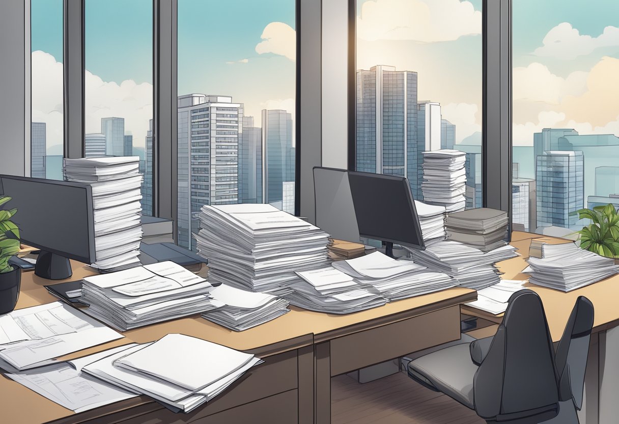 A Singapore condo building with legal documents, rent payment receipts, and financial statements scattered on a desk