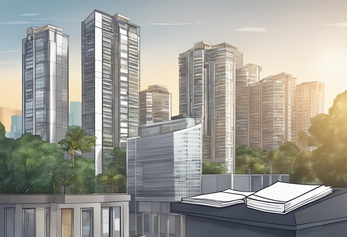 A Singapore condo building with legal documents and contracts displayed prominently in the foreground, symbolizing the legal essentials for landlords in 2024