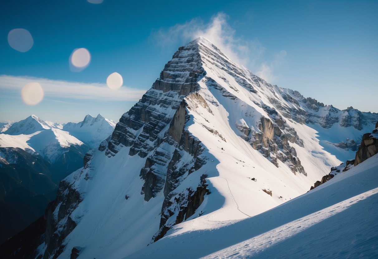 A snow-covered mountain peak with steep slopes and jagged cliffs, surrounded by a pristine alpine landscape