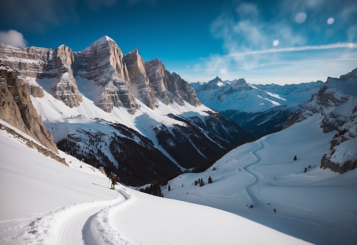 A snow-covered mountain range with steep, jagged peaks, a winding ski trail leading down to a valley, and a clear blue sky above