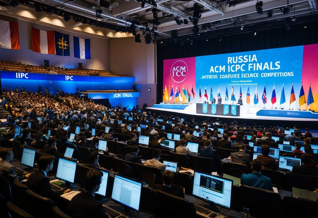 A bustling auditorium in Russia hosts the ACM ICPC Finals, with flags from around the world and a stage set for intense computer science competitions