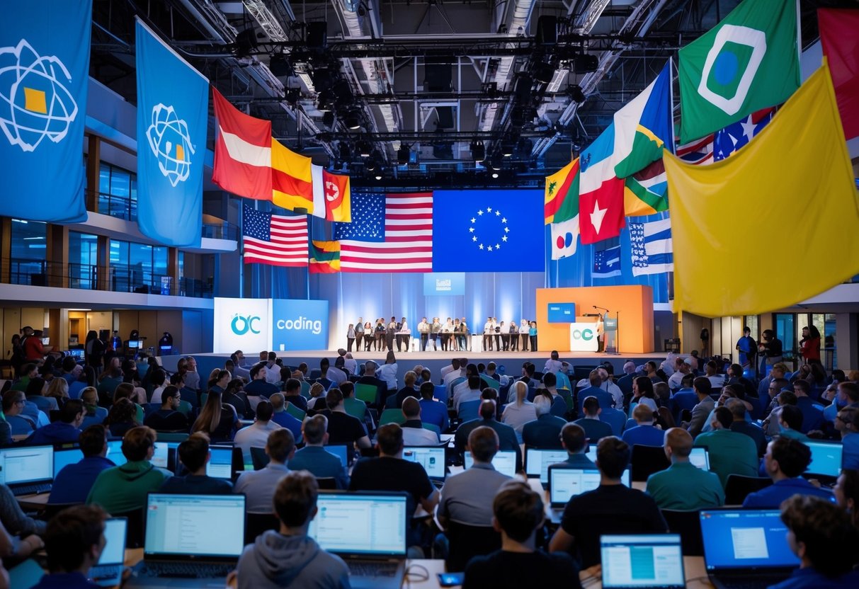 A bustling tech campus with flags from around the world, a stage set for a coding competition, and a crowd of eager participants