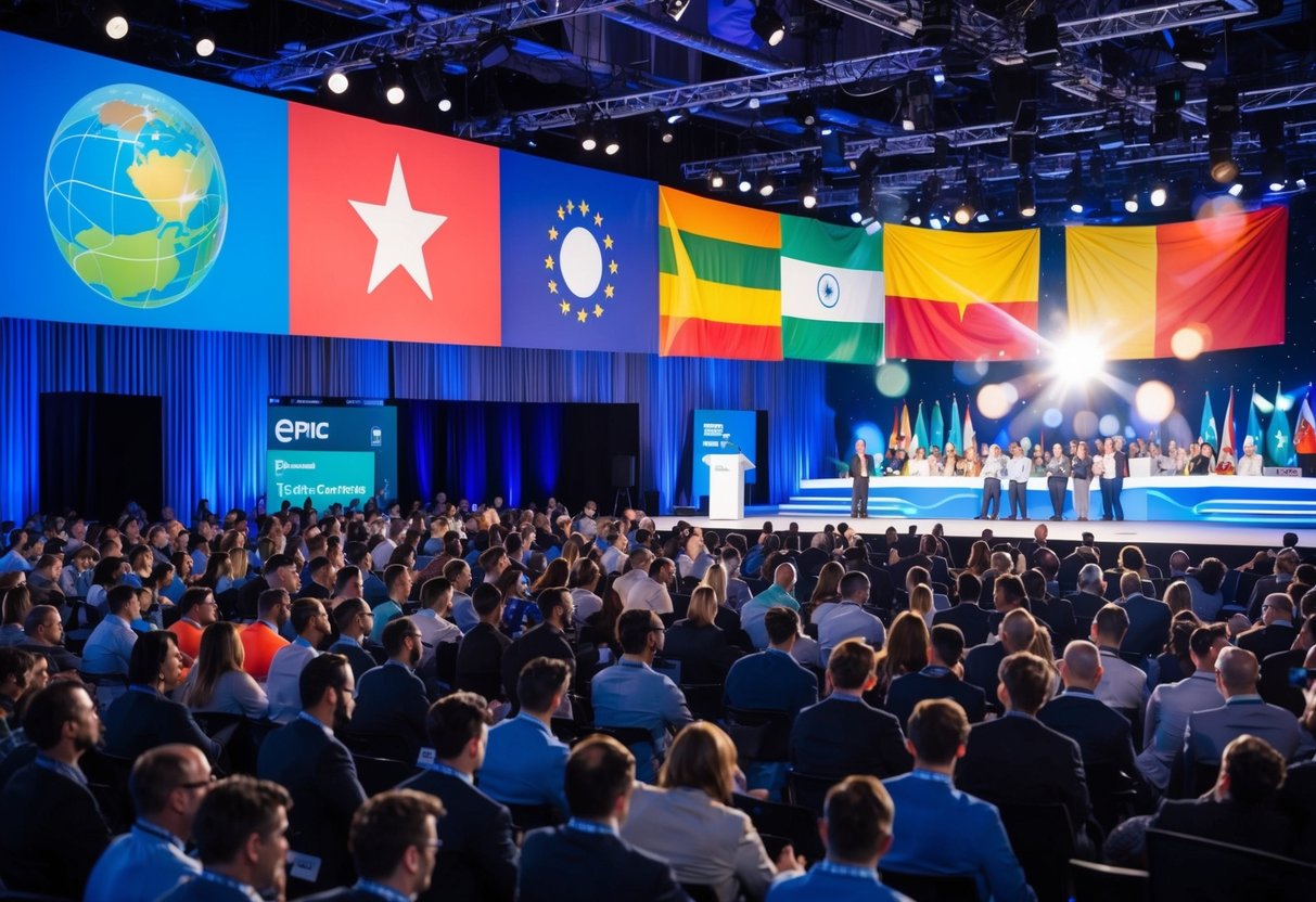 A bustling tech conference with flags from around the world, a stage with bright lights, and a large crowd of enthusiastic participants