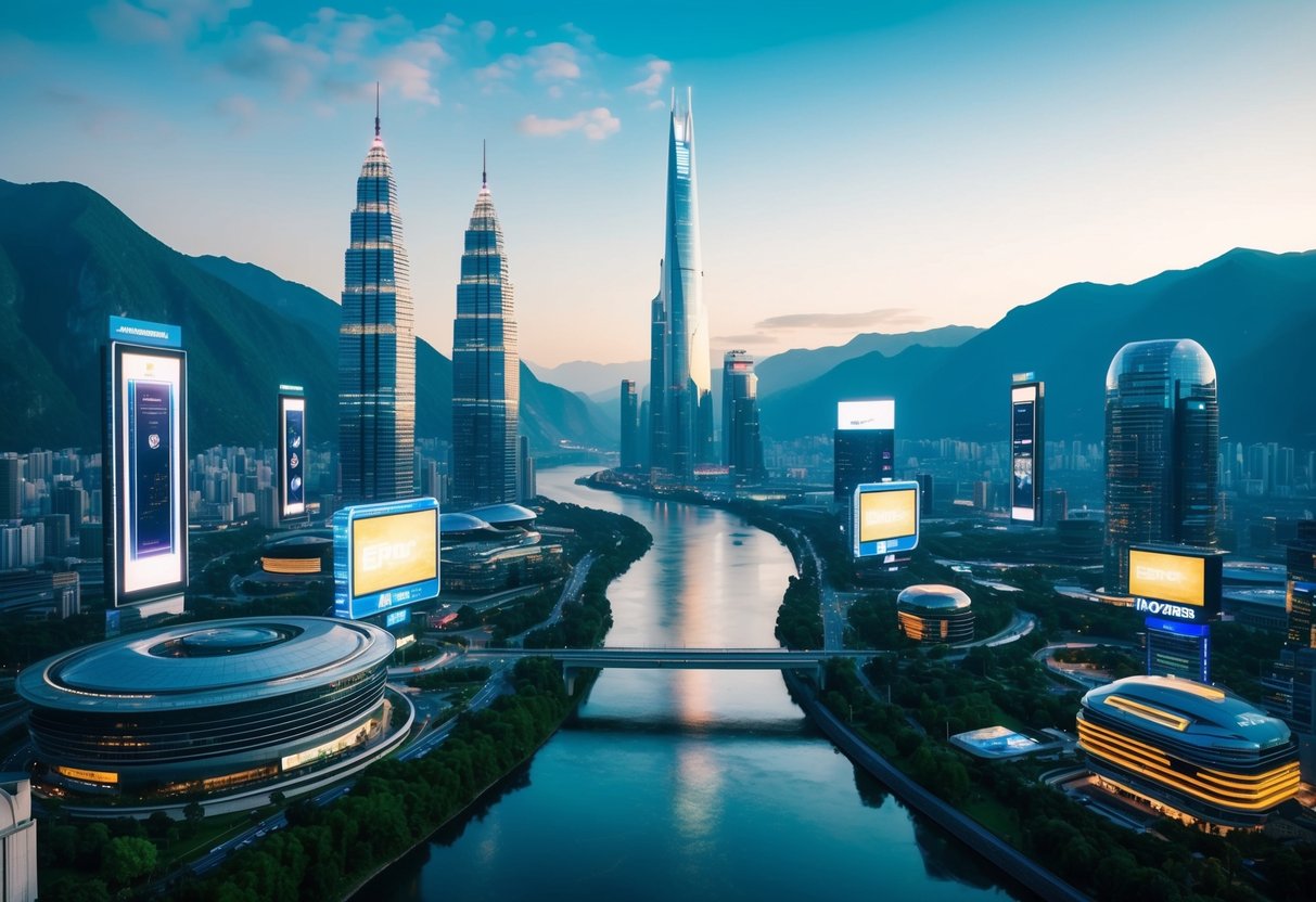 A futuristic cityscape with towering skyscrapers and glowing digital billboards, surrounded by lush green mountains and a shimmering river