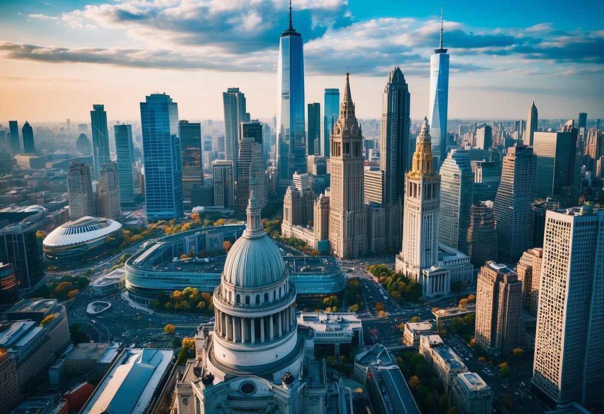 A bustling cityscape with iconic landmarks, surrounded by towering skyscrapers and vibrant cultural elements