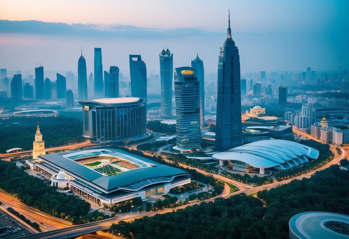 A bustling cityscape with iconic landmarks and futuristic buildings hosting global computer science competitions