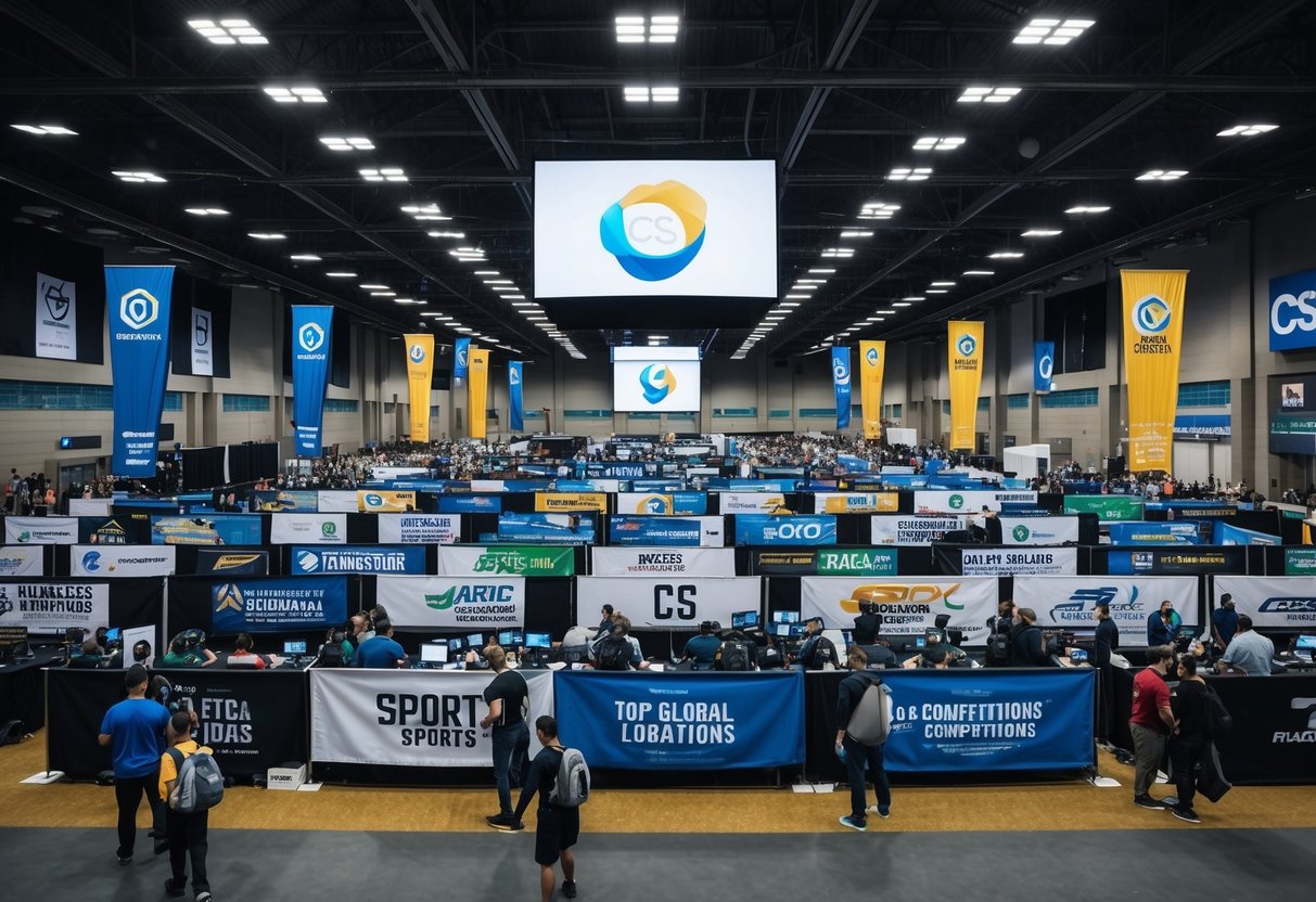 A bustling convention center with banners and booths showcasing top global locations for CS competitions