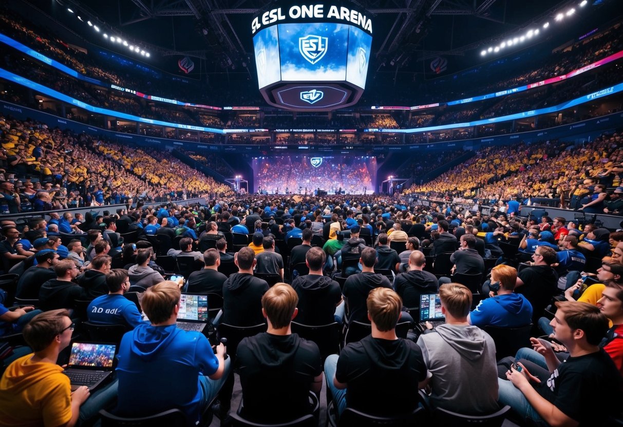 A packed ESL One Arena in Germany buzzes with excitement as fans gather to watch intense Dota 2 tournaments