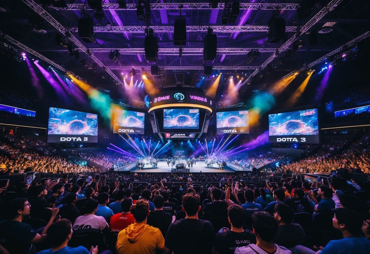 A bustling arena filled with cheering fans, giant screens, and colorful stage lights, showcasing the intense action of a Dota 2 tournament