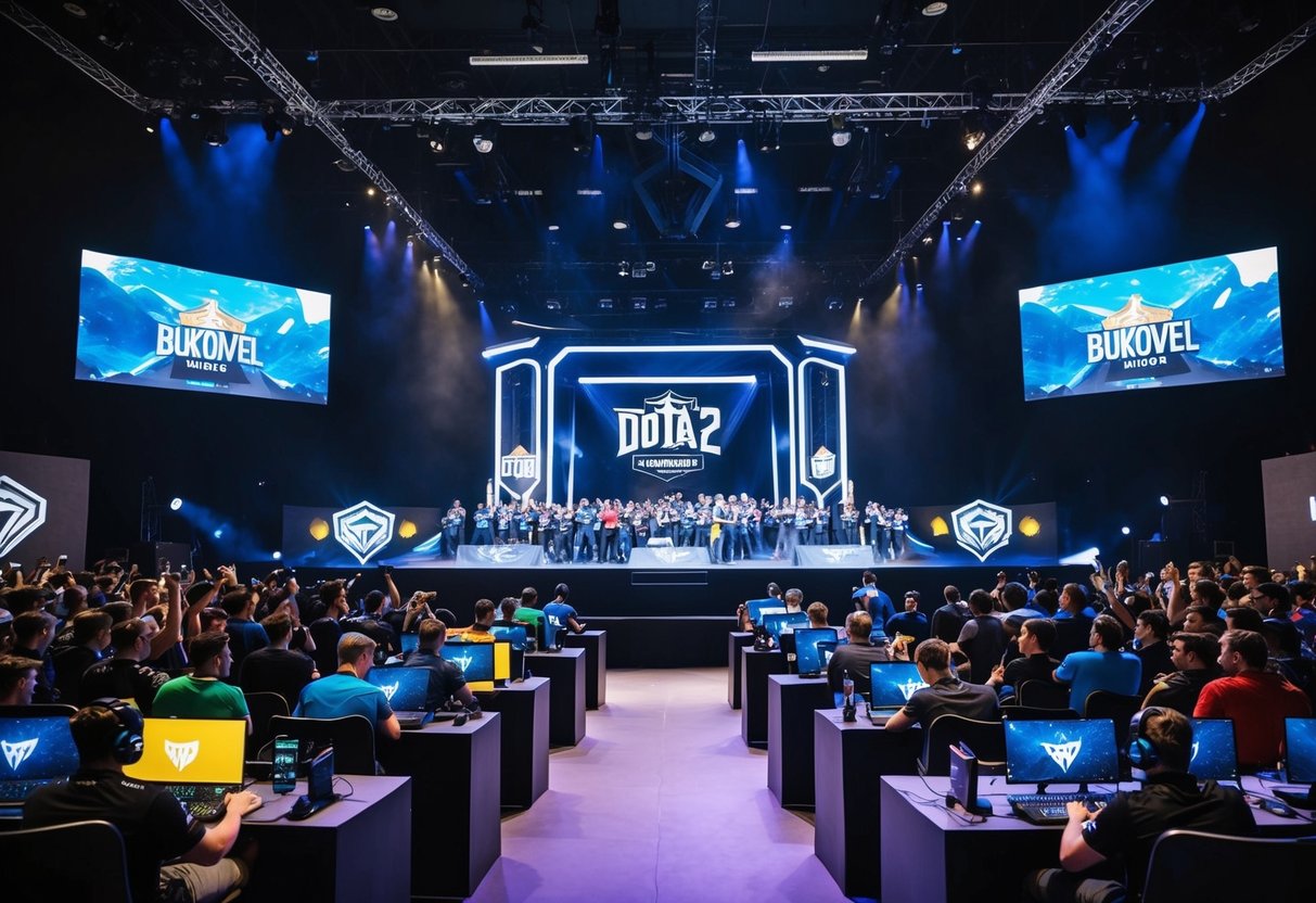 A bustling Dota 2 tournament in Bukovel Minor, Ukraine, with fans cheering in front of large screens and players competing on stage