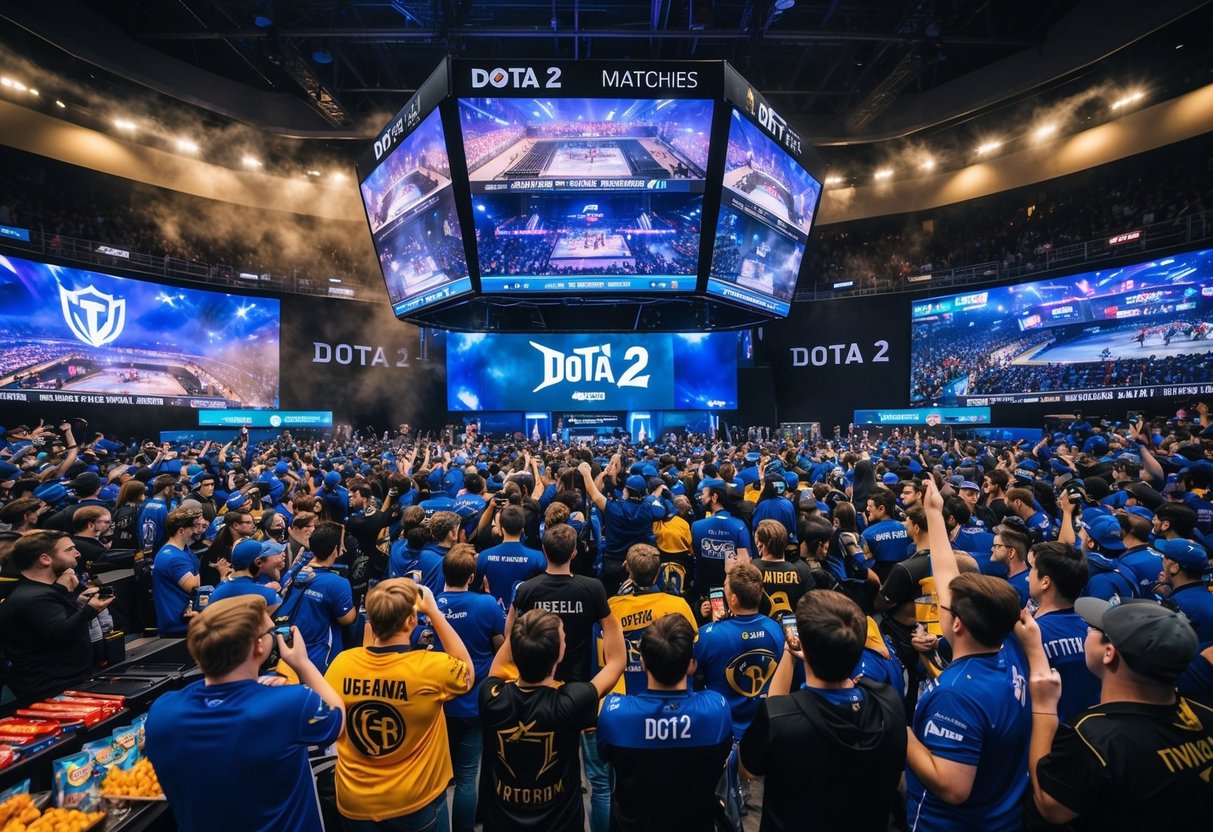 A crowded arena with large screens showing Dota 2 matches, fans cheering and wearing team merchandise, vendors selling snacks and drinks