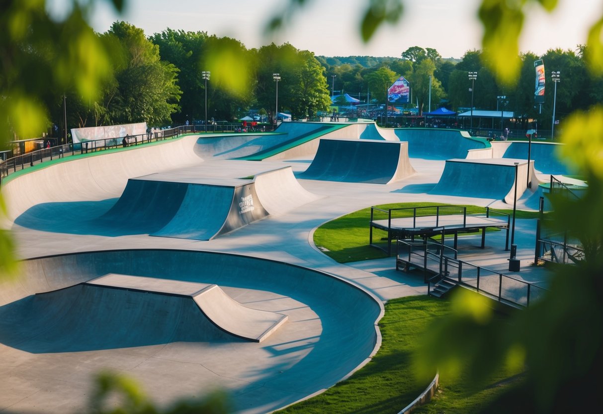 A bustling skatepark with ramps, rails, and halfpipes surrounded by greenery and a vibrant atmosphere