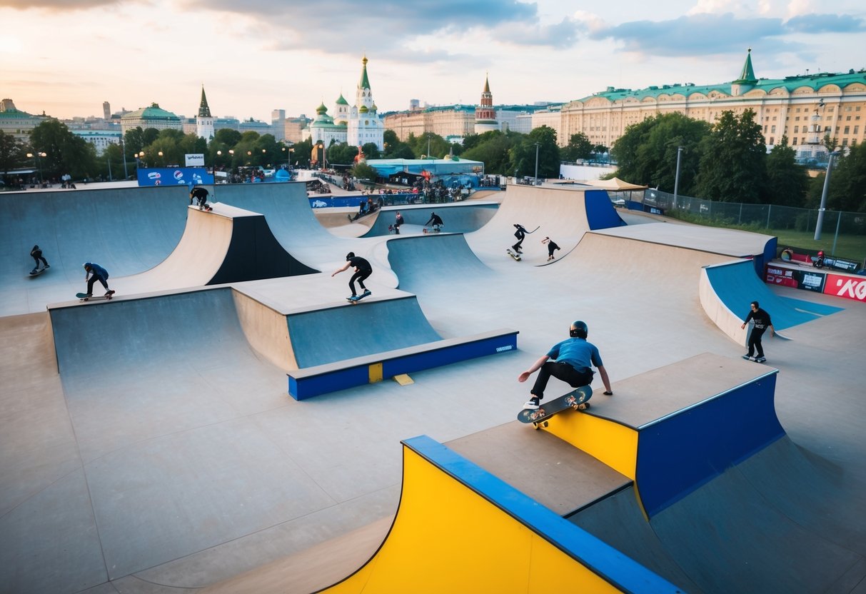 A bustling skatepark in Moscow, filled with ramps, rails, and skaters performing epic tricks