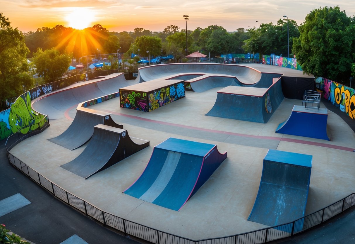 A bustling skatepark with ramps, rails, and a half-pipe surrounded by lush greenery and vibrant street art.</p><p>The sun sets in the background, casting a warm glow over the scene