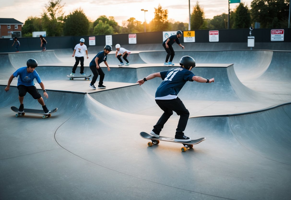 A group of skateboarders navigate through a well-maintained skatepark, performing tricks and jumps under the watchful eye of safety signs and equipment