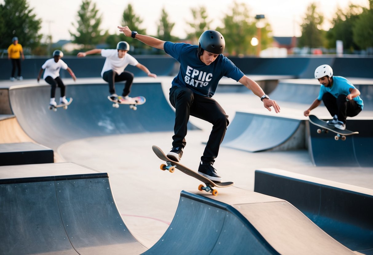 Skateboarders performing tricks at a variety of skateparks with ramps, rails, and bowls