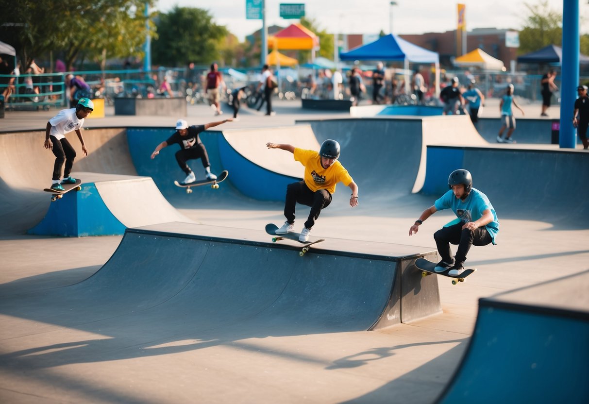 Skateboarders performing tricks at a bustling skatepark with ramps, rails, and a vibrant atmosphere