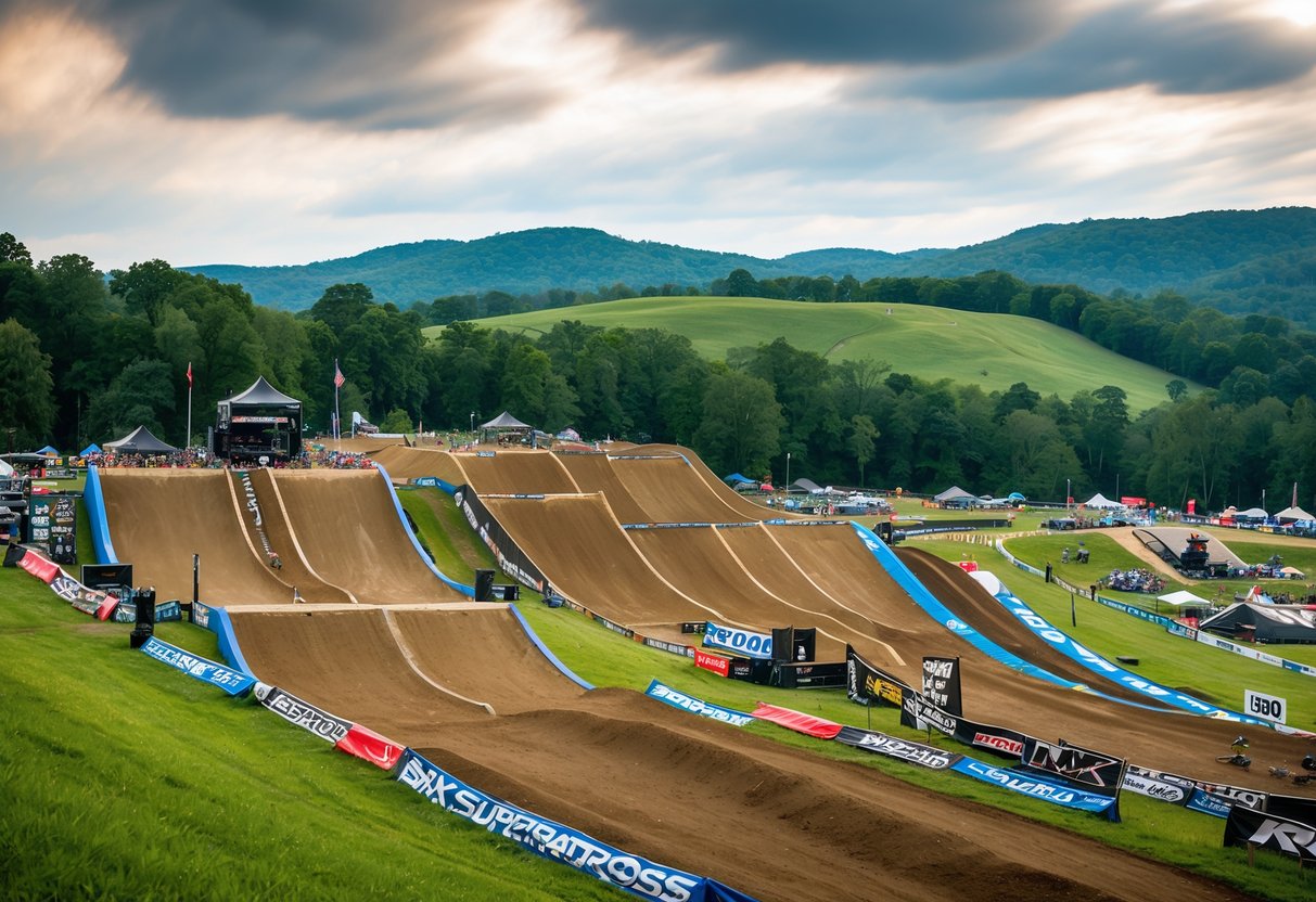 The Rock Hill BMX Supercross track features steep jumps and tight turns, surrounded by lush greenery and a backdrop of rolling hills