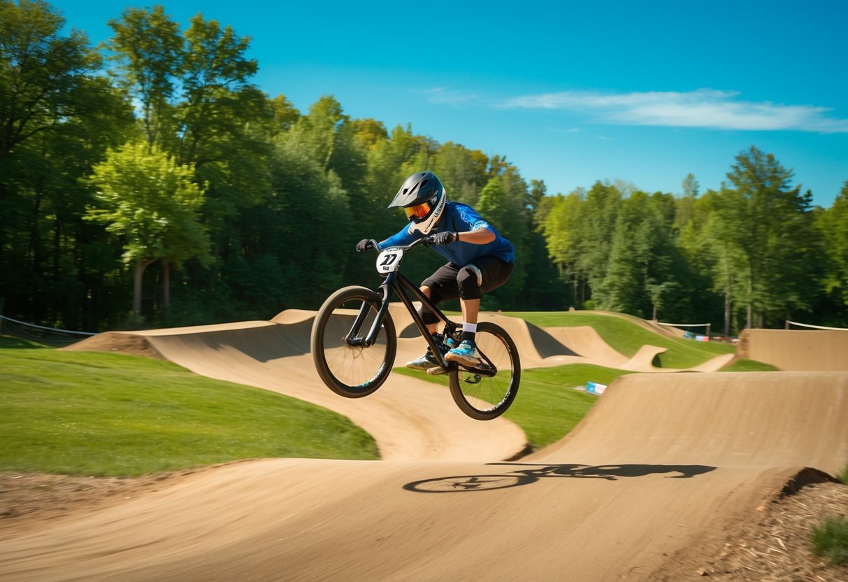 A BMX rider speeding down a dirt track with jumps and berms, surrounded by lush green trees and a clear blue sky