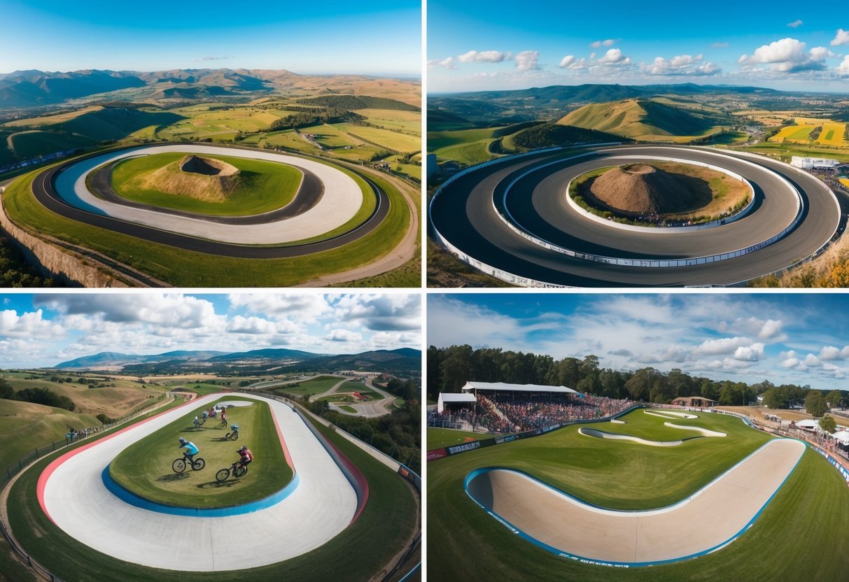 Aerial view of four iconic BMX tracks in different global locations, surrounded by vibrant landscapes and filled with enthusiastic riders