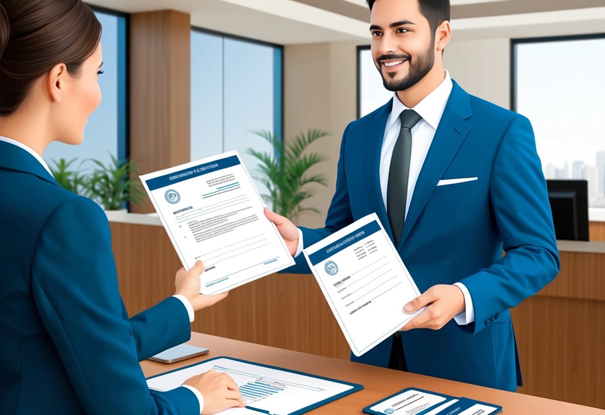 A person in a business suit presenting official employment documents and passes to a receptionist behind a desk