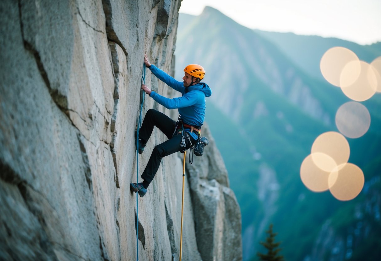 A climber scaling a steep rock face with determination and skill