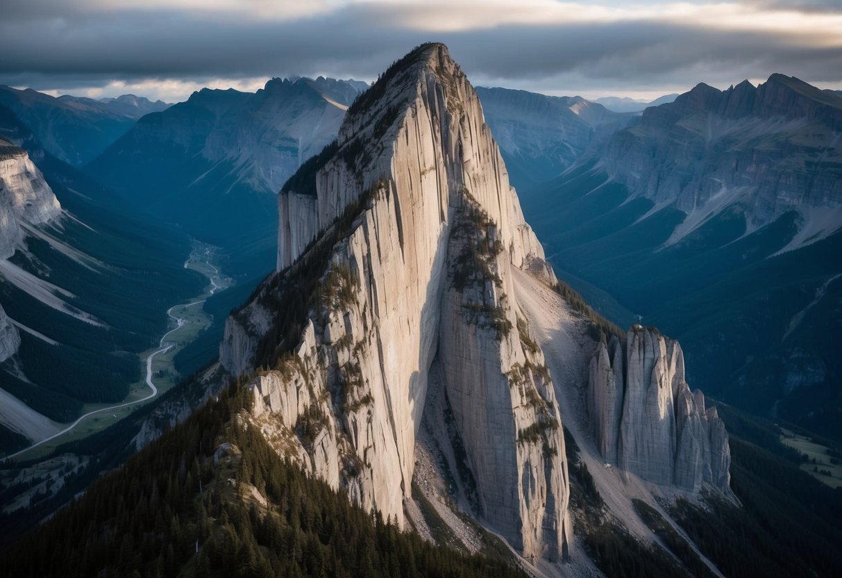 A towering mountain peak with sheer cliffs and jagged rock formations, surrounded by a rugged landscape of valleys and forests