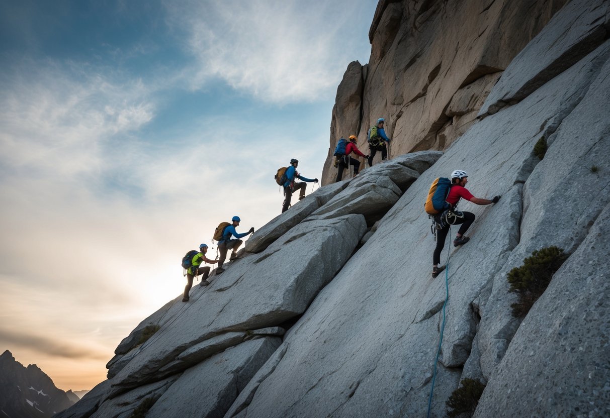 A group of legendary rock climbers conquering challenging peaks, showcasing their skills and determination in the face of adversity