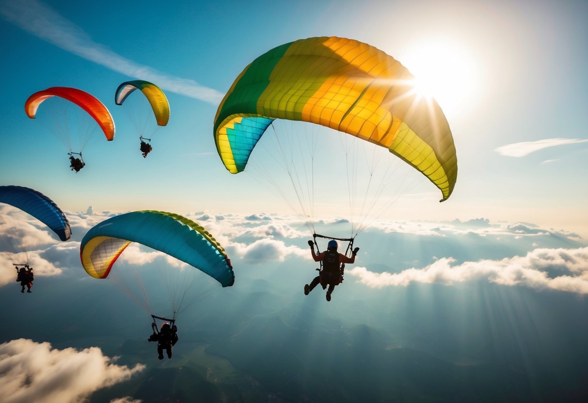 A group of paragliders soaring through the sky, their colorful wings catching the sunlight as they maneuver through the clouds