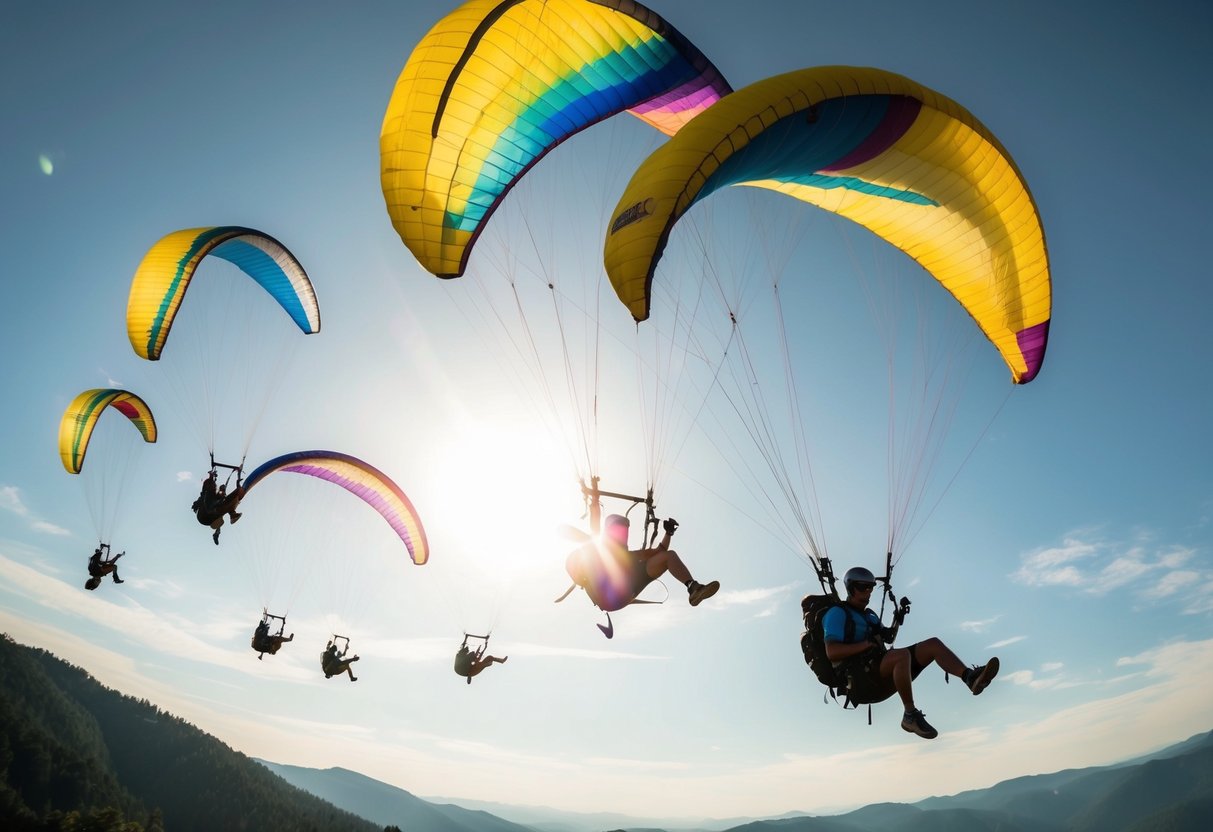 A group of paragliders soaring through the sky, their colorful wings catching the sunlight as they perform daring maneuvers