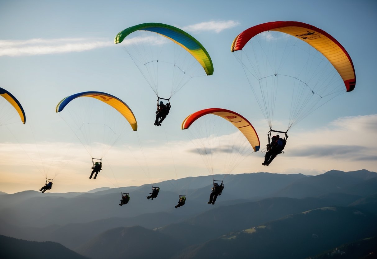 A group of paragliders soaring through the sky, maneuvering gracefully with the wind, showcasing their skills and inspiring others