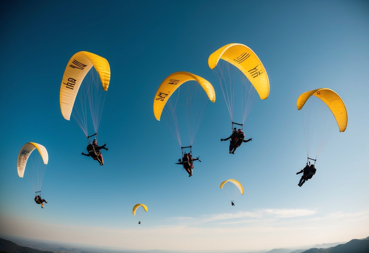 A group of paragliders soar through a clear blue sky, following the lead of five champions in graceful, synchronized flight