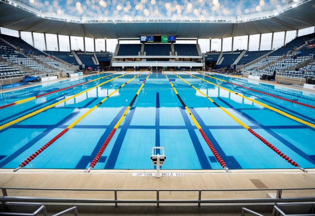 A large, pristine pool with designated lanes for para-swimming competitions, surrounded by a grandstand and filled with clear, shimmering water