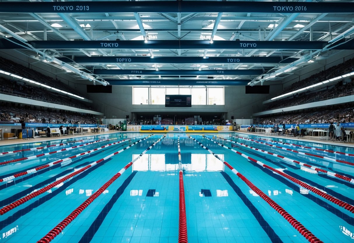 A bustling Paralympic swimming pool in Tokyo, with six lanes set up for para-swimming competitions