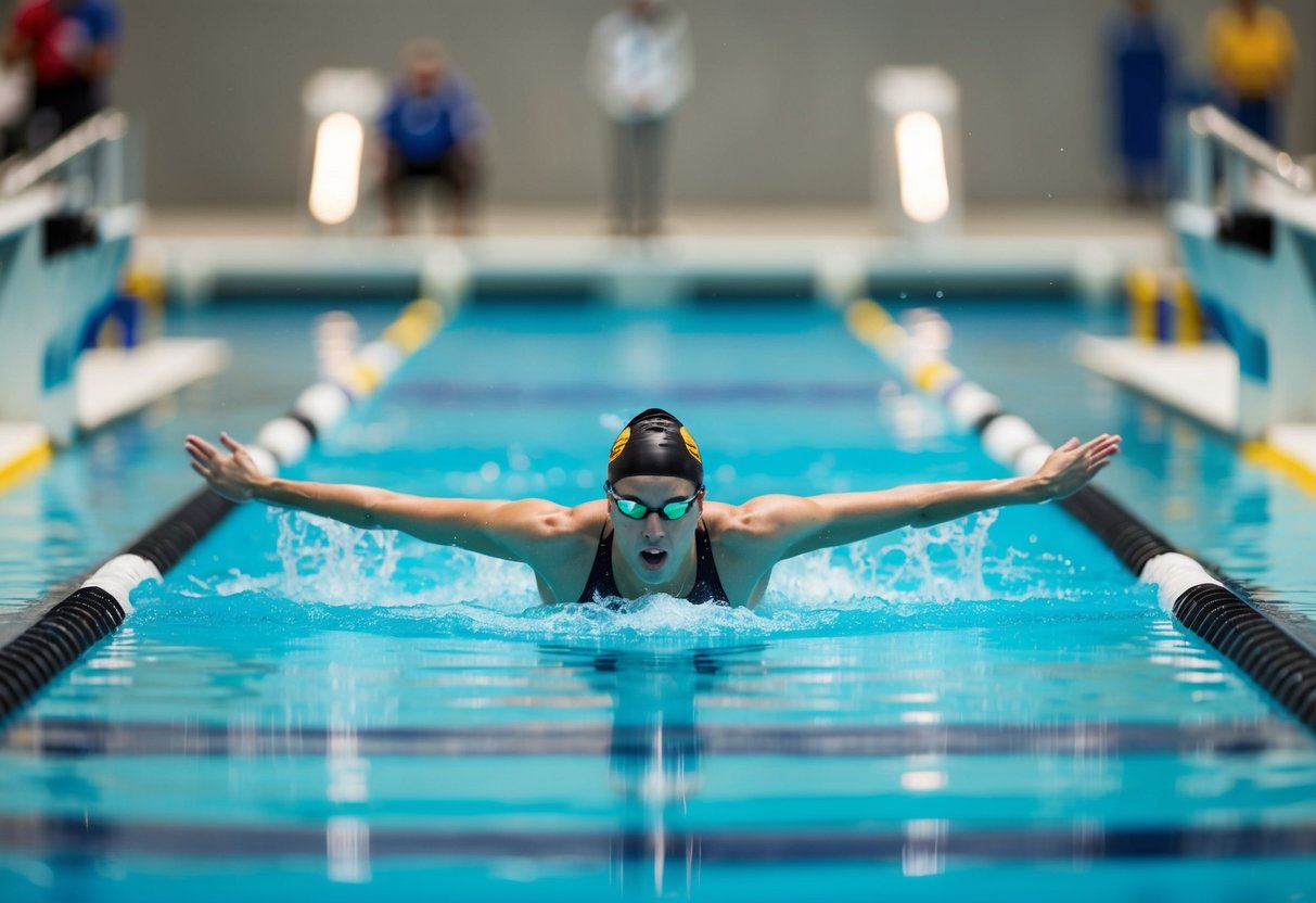 A para-swimmer glides through a specially designed pool, featuring wide lanes, sloped entries, and accessible lifts for competition