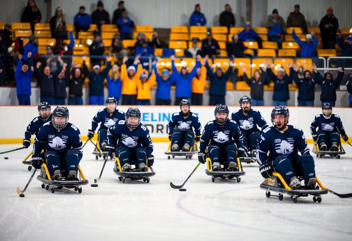 A group of sled hockey players compete on the ice at IceLine Quad Rinks, surrounded by cheering spectators