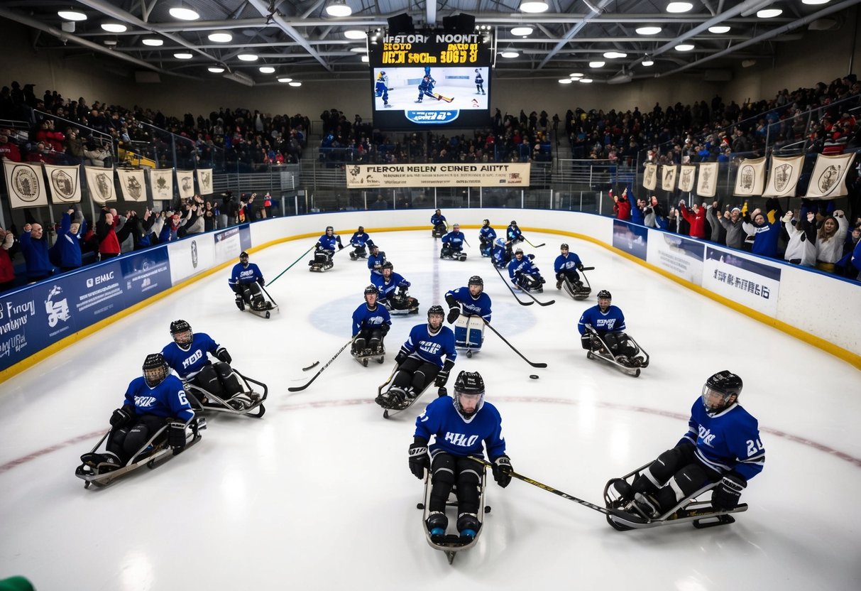 A crowded ice rink with sled hockey players competing in a tournament, surrounded by cheering spectators and banners displaying the history of the sport