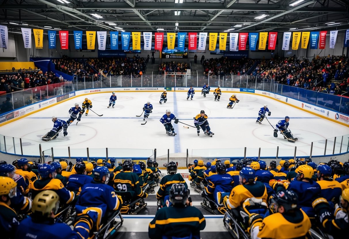 A bustling ice rink with teams competing in a sled hockey tournament, surrounded by cheering spectators and colorful banners