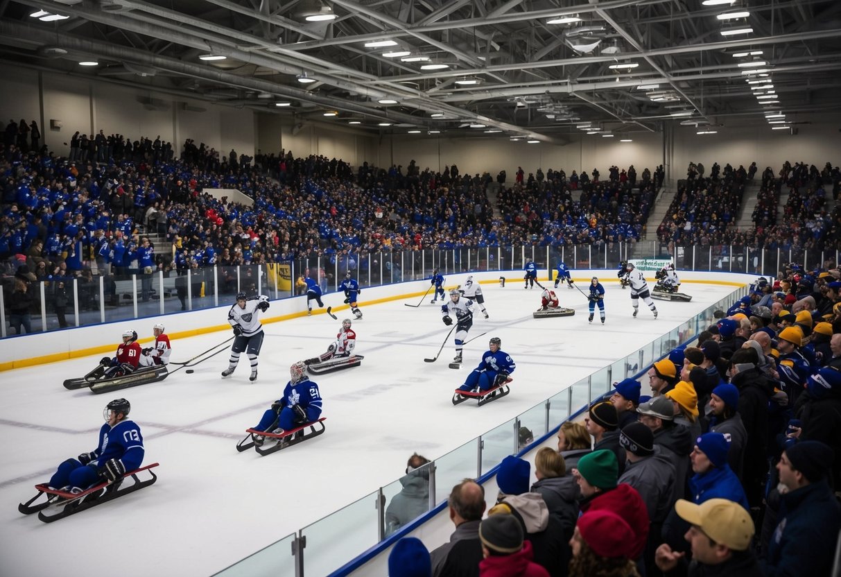 A crowded hockey tournament venue with sleds on ice, teams competing, and spectators cheering