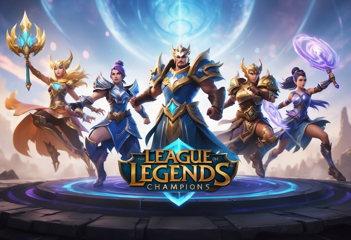 The scene shows five powerful League of Legends champions in action, each representing a different iconic playstyle and strategy, ready to engage in battle on the Summoner's Rift