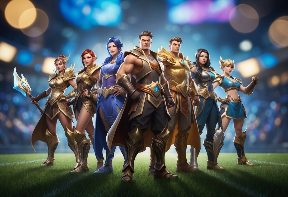 A group of iconic League of Legends champions standing together in a heroic pose, ready for battle