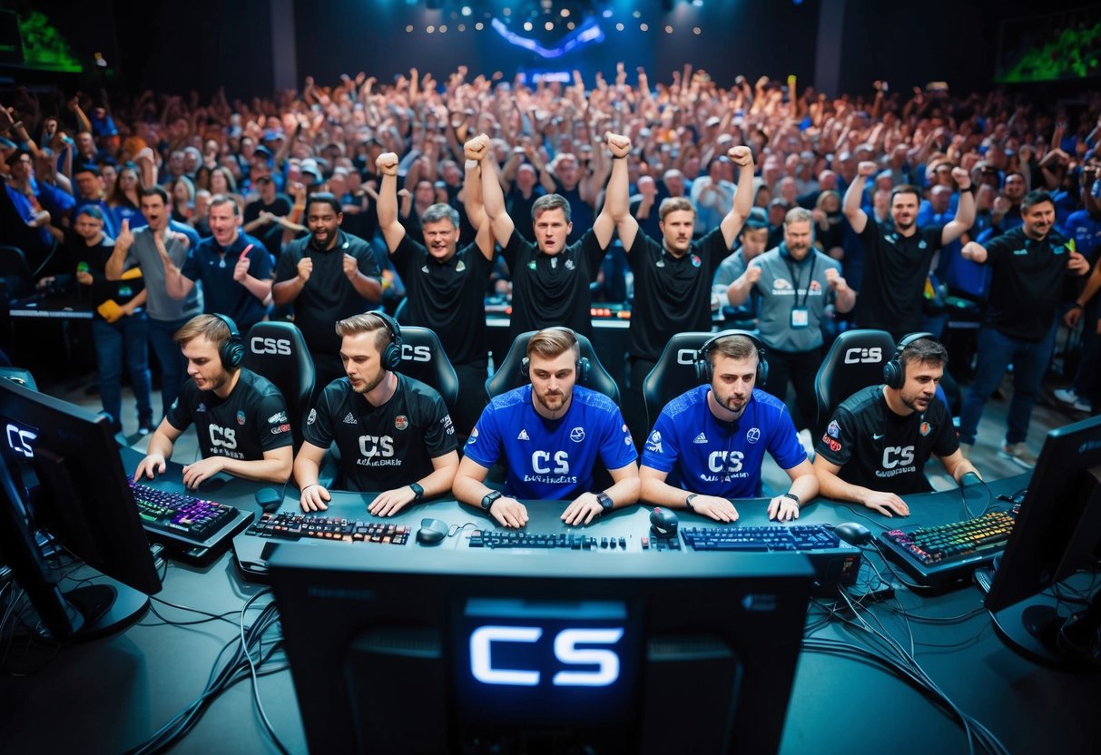 Six dominant CS players in action, surrounded by intense gaming equipment and a large, cheering crowd